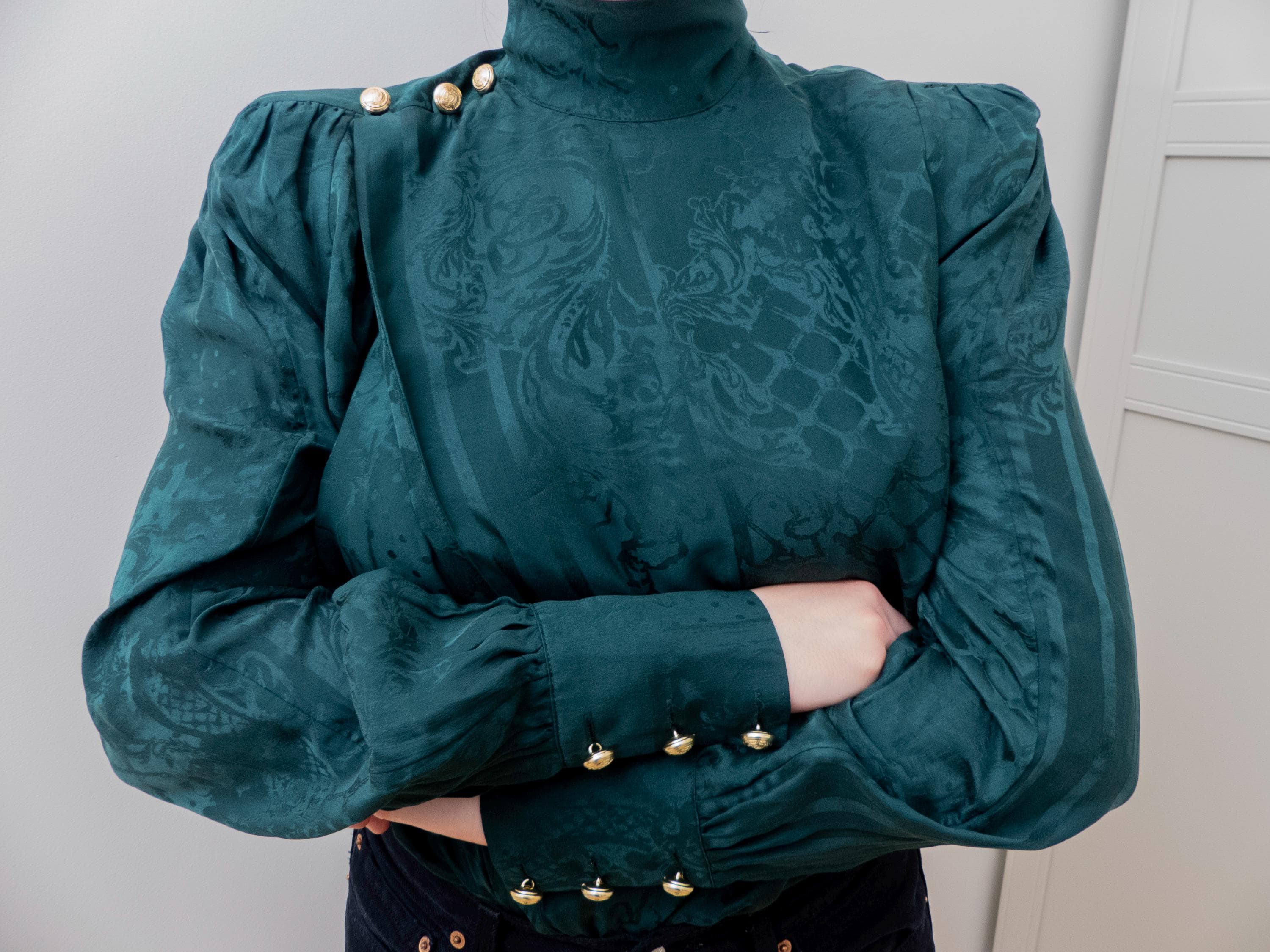 Pure Silk Balmain W/ H&M Baroque Emerald Green Blouse M Women 