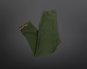 80s Swedish Army M59 Cargo Green Cotton Pants Trousers with Leather Ankle Straps
