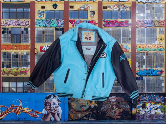 1995年 ウータン・クラン Wu Wear ブルー レザー バーシティ ボンバー