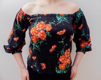 60s Pure Cotton Off Shoulder Black Blouse Top | Réal Brand France Made | Women M