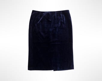 90s Pure Cotton Velvet Pierre Cardin Blue Pencil Skirt