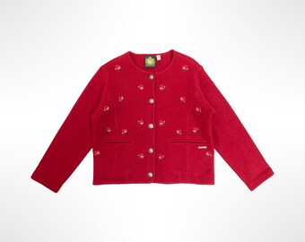 May include: A bright red long-sleeve cardigan featuring a round neckline, a front button closure with silver-toned buttons, and small embroidered floral motifs scattered across the front. The garment includes two front pockets and a brand label.