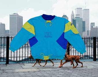 Sudadera Nike de algodón azul con cuello redondo, años 90, talla L