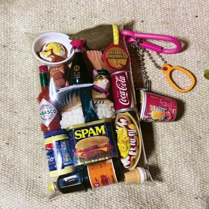May include: A clear plastic pouch filled with miniature food-themed items including a Tabasco bottle, a Spam can, a Coca-Cola can, a bowl of noodles, a hot dog, and a cat figurine. The pouch features a pink carabiner and a silver ball chain attachment.
