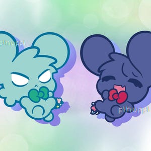 May include: Two cartoon mouse illustrations. One is light blue with a green bow, the other is dark blue with a red bow. Both have flower accents and the artist's signature.