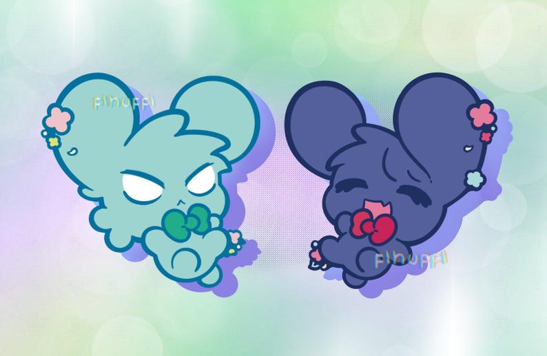 May include: Two cartoon mouse illustrations. One is light blue with a green bow, the other is dark blue with a red bow. Both have flower accents and the artist's signature.