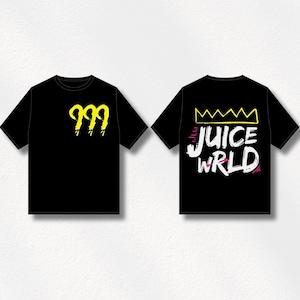 May include: Black t-shirts with front and back designs. The front features a yellow "999" graphic. The back displays a yellow crown above the words "JUICE WRLD" in white, with pink accents. The shirts are short-sleeved.