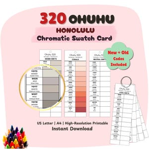 May include: A chromatic swatch card for Ohuhu 320 Honolulu markers. The card includes color swatches for Worm Greys, Corals, Neutral Greys, and Cool Greys. The card also includes the text "New + Old Codes Included" and "US Letter | A4 | High-Resolution Printable Instant Download".