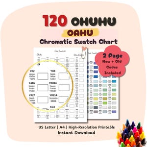 Könnte beinhalten: Ein druckbares chromatisches Farbmuster für 120 Ohuhu Oahu Marker. Die Tabelle enthält Farbcode und Namen, mit einem 2-seitigen Layout. A4-Format.