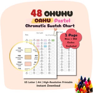 Pode incluir: Um gráfico de amostras cromáticas imprimível para 48 marcadores Ohuhu Oahu Pastel. O gráfico inclui amostras de cores, códigos e o texto "1 Page New + Old Codes Included". O texto "US Letter | A4 | High-Resolution Printable Instant Download" também está presente.