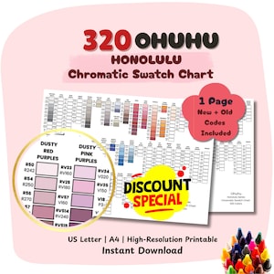 Op de afbeelding: Een chromatische kleurenpalet met de tekst "320 OHUHU HONOLULU" en "Chromatic Swatch Chart". De kaart bevat kleurstalen, kleurcodes en de tekst "Discount Special". De kaart is beschikbaar als een direct downloadbare, afdrukbare hoge resolutie.