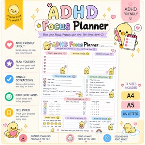 ADHD-fokusplanerare utskrivbar PDF | Dagligt produktivitetsarbetsblad (digital nedladdning)