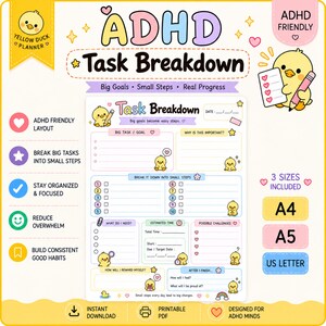 Puede incluir: Una hoja de planificación de tareas TDAH con un tema de patito amarillo. El diseño incluye secciones para objetivos, pasos pequeños, tiempo estimado y recompensas. El texto incluye 'ADHD Task Breakdown' y 'Big Goals'.