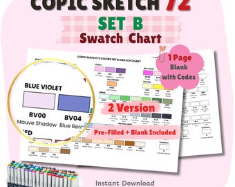 Copic Sketch 72 Colors Set B Swatch Chart | Blank Pre-Filled Marker Tracker (PDF Download)