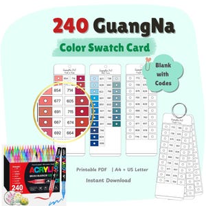 May include: Color swatch card for 240 GuangNa acrylic brush markers. The card features color samples, a color chart, and a blank card with codes. The image also shows a box of markers and two markers.