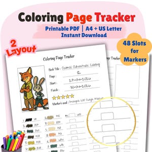May include: A printable Coloring Page Tracker document featuring two layouts, including a section for book title, page number, start and finish dates, a five-star rating, and 48 slots for markers. The page displays a cartoon fox and rabbit illustration.