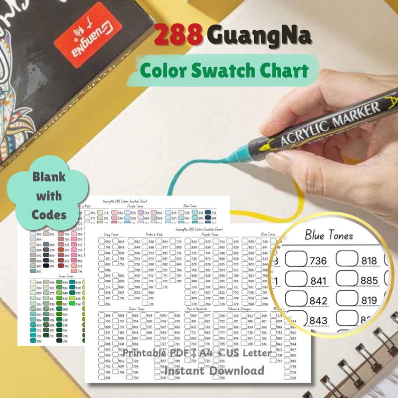Guangna 288 Color Swatch Chart Printable, Colored Pencil Tracker (A4/US ...