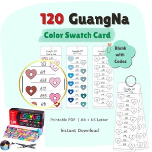 May include: A color swatch card set with the text "120 GuangNa Color Swatch Card". The image shows color swatches in pinks, reds, and blues, along with a box of 120 acrylic brush markers. The text "Printable PDF | A4 + US Letter" is also visible.