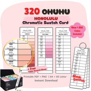 May include: A 320 Ohuhu Honolulu chromatic swatch card set featuring printable PDF and PNG files in A4 and US Letter sizes. The display includes columns for corals, pale pinks, and neutral greys with color codes, plus a blank swatch sheet.