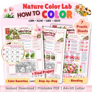 Puede incluir: Un conjunto de 7 hojas de práctica Nature Color Lab en PDF imprimible para colorear hojas, piedras, tierra y flores. Las páginas incluyen paletas de colores, recetas de mezcla de 3 colores, guías paso a paso y proyectos finales con texto.