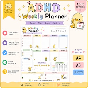 Könnte beinhalten: Eine Wochenplaner-Vorlage mit gelbem Enten-Motiv, unterteilt in Ziele, tägliche Aufgaben, Stimmungs- und Gewohnheits-Tracker. Das Design enthält Texte wie ADHD Weekly Planner, Focus, Plan, Calm, Achieve sowie die Größen A4, A5 und US Letter.