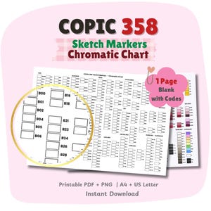 Può includere: Download digitale di un Copic 358 Sketch Markers Chromatic Chart. Il grafico mostra campioni di colore e codici, con una vista ingrandita di alcuni blocchi di colore. Il testo include "1 Page Blank with Codes" e "Printable PDF + PNG | A4 + US Letter".