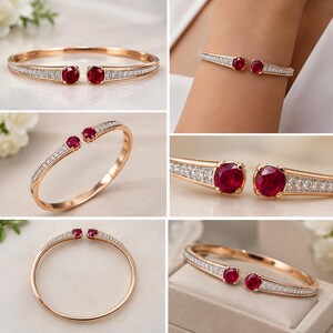 10 CT Lab Grown Ruby Copper Bracelet, 1.5 CT Zircon Open Cuff Bangle, Round Gemstone Bracelet, 15 Gram Jewelry, 2.6 Inch
