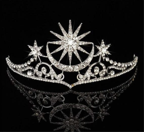 Silver Starburst Tiara - Silver Starburst Tiara, Silver Bridal Crown in Crystal With Starry  main image 2