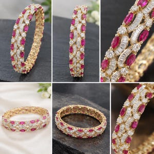 12 CT Lab Grown Ruby Copper Bangle, 8 CT Baguette Zircon Bracelet, Gold Tone Statement Bangle, 20 Gram Luxury Jewelry, 2.6 Inch