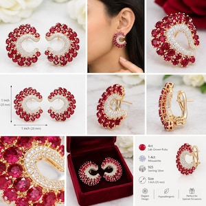 Puede incluir: Pendientes en forma de C con rubíes rojos redondos cultivados en laboratorio y piedras de moissanita blancas engastadas en plata de ley 925. Los pendientes miden 25 mm por 25 mm. El diseño incluye rubíes rodeando una fila de moissanita.