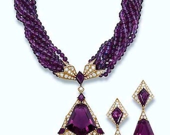 Amethist kralenketting set, paarse edelsteen statementketting, amethist hanger en oorbellen set, vintage stijl sieraden