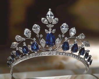 Elegante tiara con zaffiri e zirconi – Corona realizzata a mano in argento sterling 925