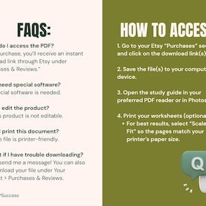 Op de afbeelding: Een digitale informatiepagina met de titels "FAQ's" en "TOEGANG". De pagina geeft instructies over het openen en gebruiken van een PDF-bestand gekocht op Etsy. Bevat een tekstballon met "Q" en "A".