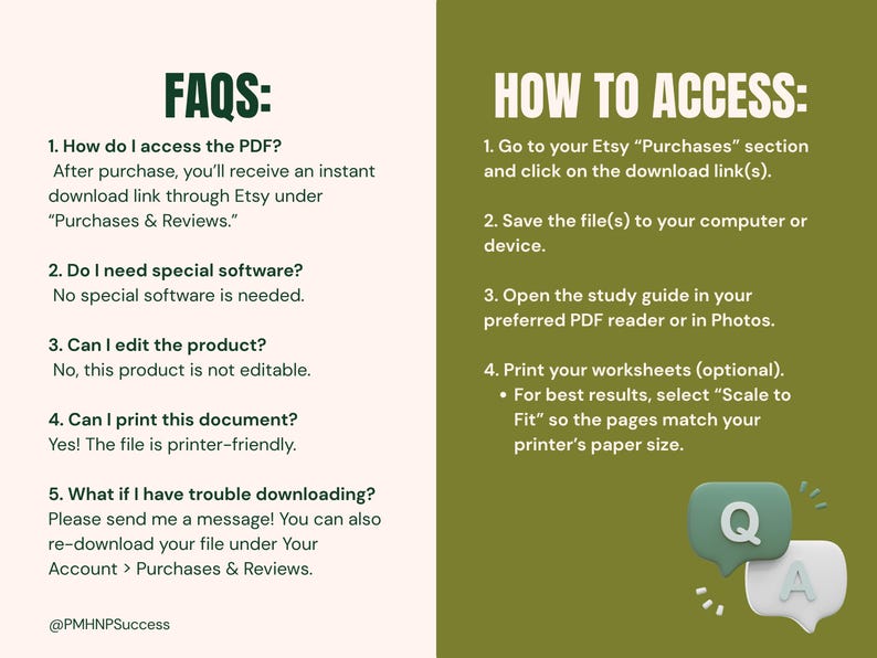 Op de afbeelding: Een digitale informatiepagina met de titels "FAQ's" en "TOEGANG". De pagina geeft instructies over het openen en gebruiken van een PDF-bestand gekocht op Etsy. Bevat een tekstballon met "Q" en "A".