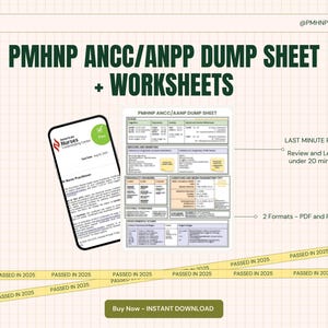 Puede incluir: Guía de estudio digital para la certificación PMHNP ANCC/ANPP, con hojas de trabajo y una hoja de volcado. La imagen incluye un teléfono inteligente que muestra un documento, una hoja de revisión y el texto "LAST MINUTE REVIEW". Disponible en PDF y PNG.