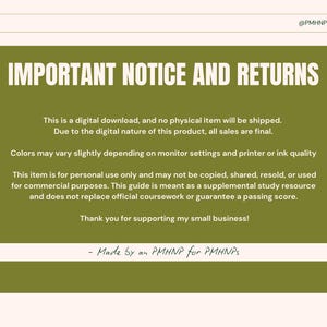 Op de afbeelding: Een digitale downloadmelding met de tekst "IMPORTANT NOTICE AND RETURNS" op een groene achtergrond. De tekst beschrijft de digitale aard van het product, definitieve verkopen en beperkingen voor persoonlijk gebruik. Onderaan staat "Made by an PMHNP for PMHNPs".