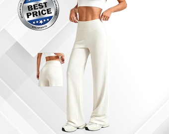 Pantaloni da yoga da donna a gamba larga, tinta unita, vita media, ideali per fitness, pilates e corsa.