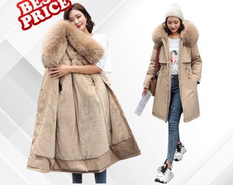 Women’s Fur Collar Hooded Parka Jacket, Warm Fleece Zipper Winter Coat, Casual Long Coat with Drawstring