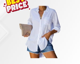 Women’s Solid Color Casual Button-Down Shirt – Loose-Fit Breasted Top for Daily Wear