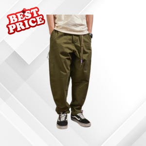 May include: Olive green pants with a drawstring waist and pockets. The pants are paired with black and white sneakers. The image also includes a red and white "BEST PRICE" graphic.