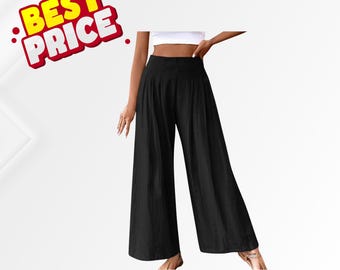 Stilvolle Damen Baumwolle Leinen Palazzo Hose mit weitem Bein Lässige lange Frühlingshose mit mittlerer Taille