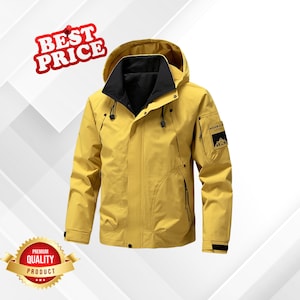 May include: A yellow hooded jacket with a black collar and accents. The jacket has a pocket on the left sleeve with a mountain logo. The words "BEST PRICE" are in a red banner in the upper left corner.