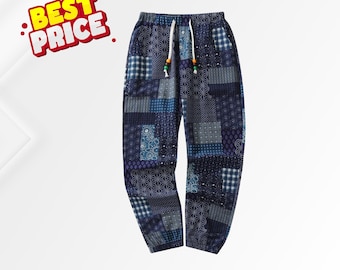 Pantalones de hombre estilo boho con estampado paisley, de algodón y lino, con cordón ajustable, ligeros, de estilo étnico, con bolsillos, ideales para viajar.