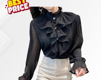 Camicetta vintage con volant e pizzo, elegante camicia in chiffon con maniche a sbuffo e dettaglio di bottoni femminili