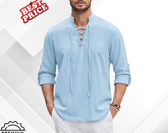 Chemise à manches longues en coton et lin pour hommes | Chemise boutonnée décontractée de couleur unie | Vêtements d'automne légers | Haut pour hommes, taille plus ample