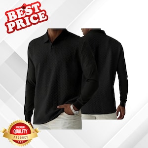 Puede incluir: Polo negro de manga larga con un patrón texturizado. La camisa tiene cuello y tapeta abotonada. La imagen también incluye el texto "BEST PRICE" y "PREMIUM QUALITY PRODUCT".