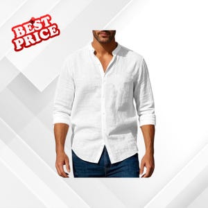 May include: White long-sleeved shirt with a mandarin collar and button-down front. The shirt is made of a textured fabric and is paired with blue jeans. A red and white "BEST PRICE" graphic is in the upper left corner.