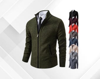 Men’s Winter Fleece Jacket | Warm Knit Zip Jacket | Plaid Cardigan Coat | Soft Checkered Sweater | Cozy Autumn Cold-Weather Wear