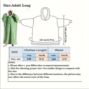 May include: A green adult long hooded blanket with a white interior hood and a front pocket. The blanket is 55.12 inches long and 62.99 inches wide. The image includes a size chart with measurements in inches and centimeters.