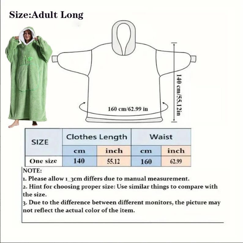 May include: A green adult long hooded blanket with a white interior hood and a front pocket. The blanket is 55.12 inches long and 62.99 inches wide. The image includes a size chart with measurements in inches and centimeters.